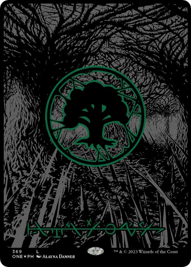 Image for Forest (Phyrexian) - Full Art (Oil Slick Raised Foil) (369) (ONE) - Magic: The Gathering