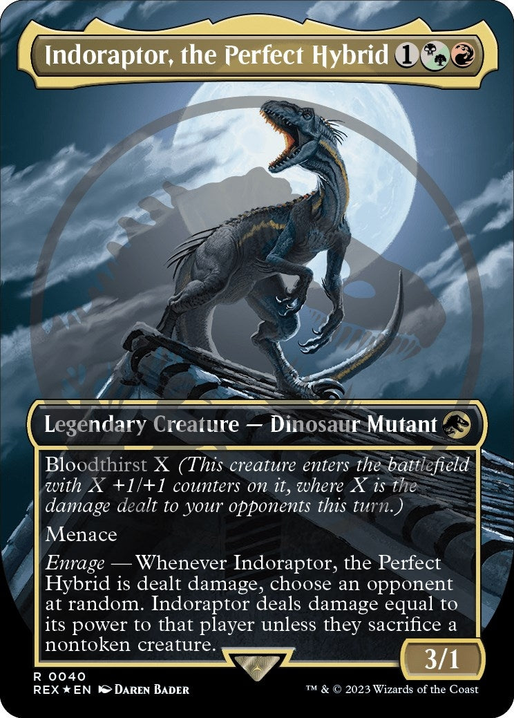 Image for Indoraptor, the Perfect Hybrid (Borderless) (Emblem) (40) (REX) - Magic: The Gathering