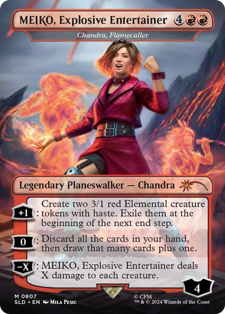 Image for MEIKO, Explosive Entertainer - Chandra, Flamecaller (Rainbow Foil) (807) (SLD) - Magic: The Gathering